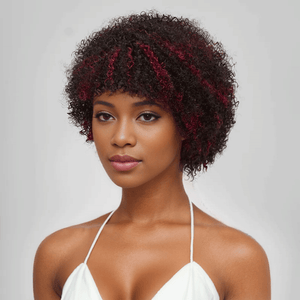 black woman wear Glueless Afro Red Highlight Kinky Curly Short Bob Pixie Wig