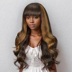 Glueless Brown Highlight Brazilian Body Wave Bangs Wig