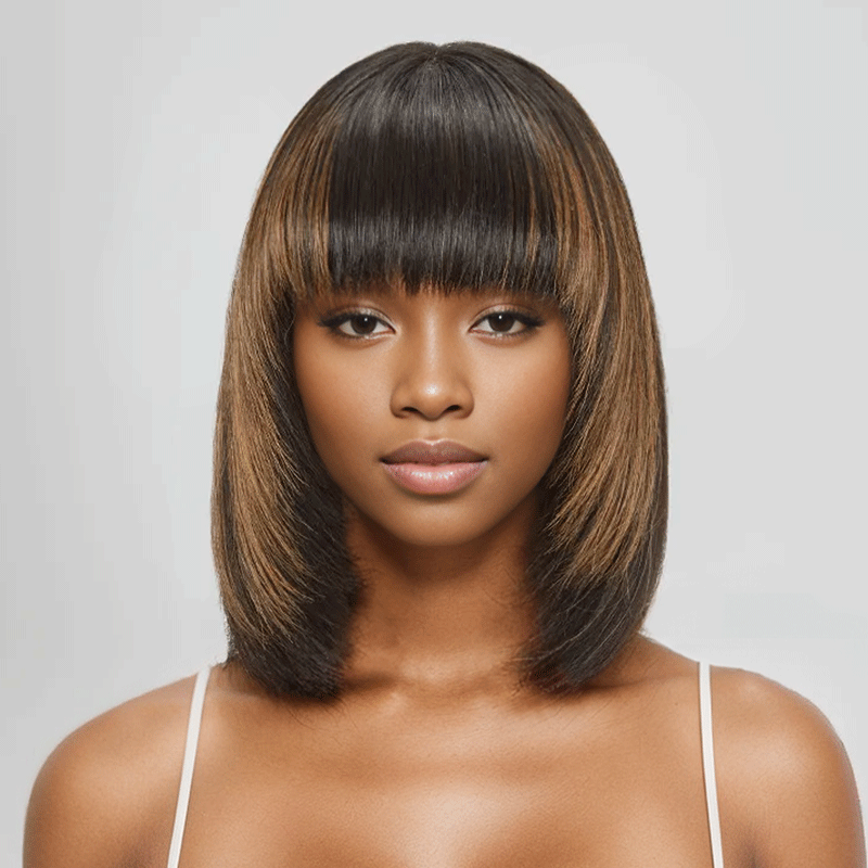 HJ weave beauty hair Glueless Layered Highlight Colorful Bob Wig With Smooth Bangs