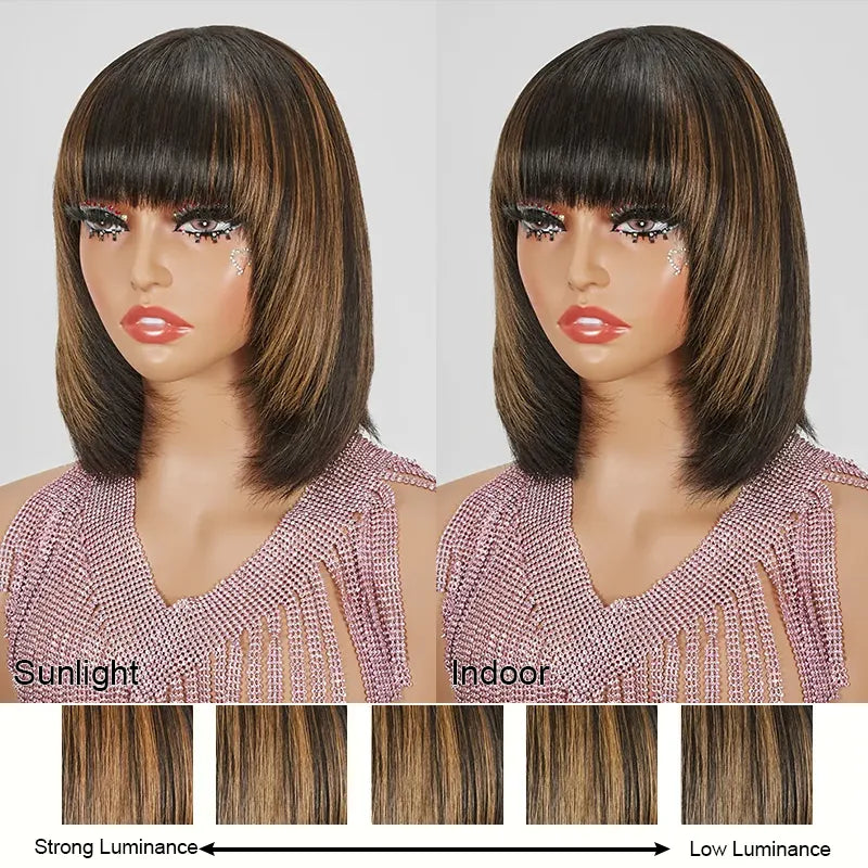 HJ weave beauty hair Glueless Layered Highlight Colorful Bob Wig With Smooth Bangs