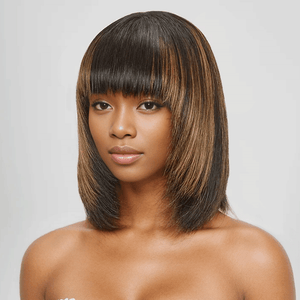 HJ weave beauty hair Glueless Layered Highlight Colorful Bob Wig With Smooth Bangs