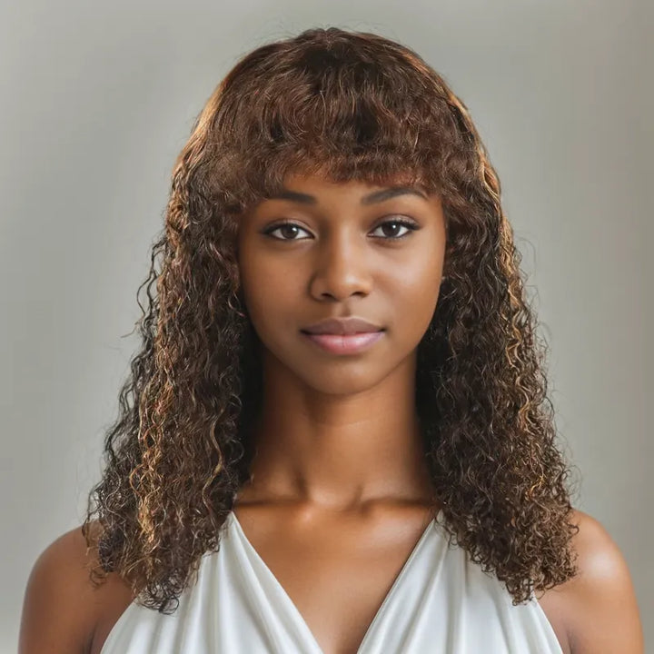 black woman wear Glueless Ombre Highlight Bob Curly With Kinky Bangs Wig